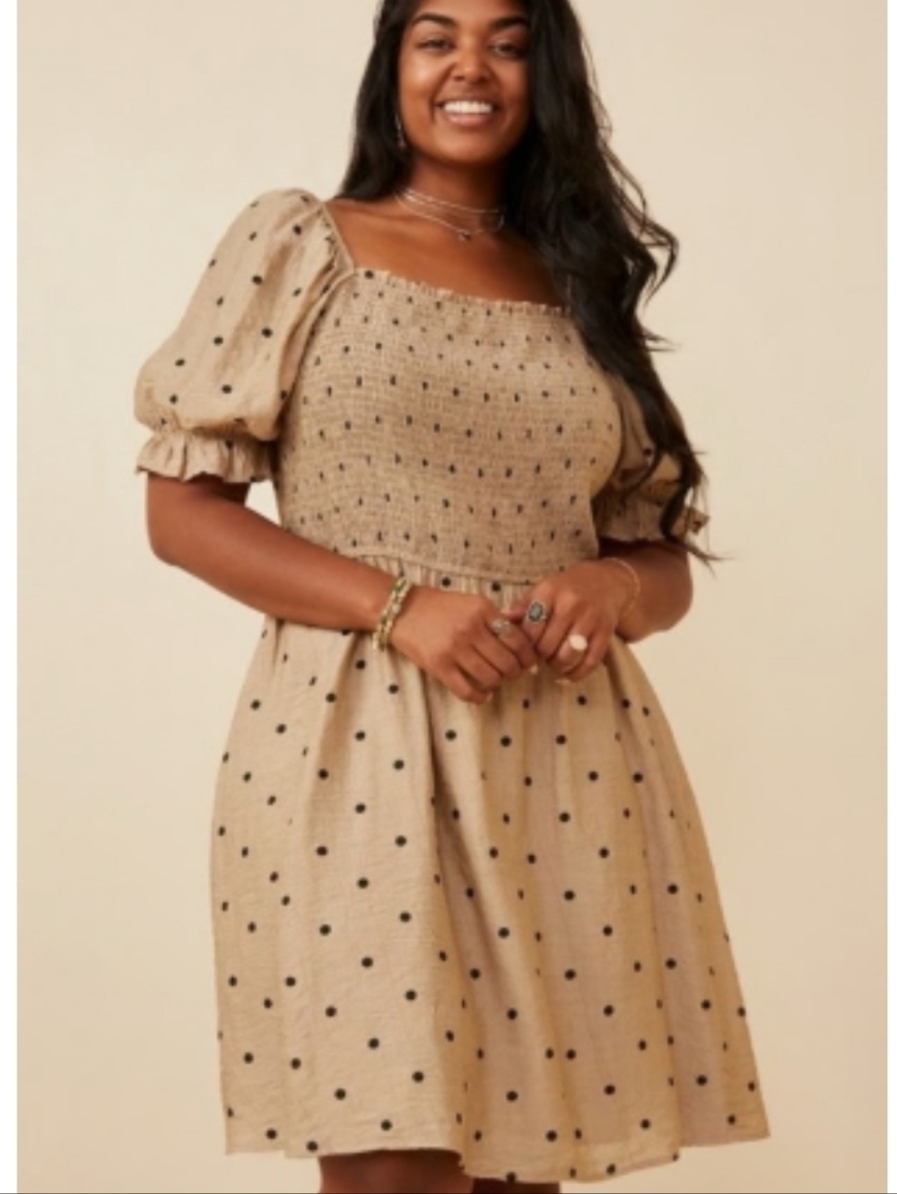 Hayden Tan Polka Dot Puff Sleeve Smocked Dress M NWT